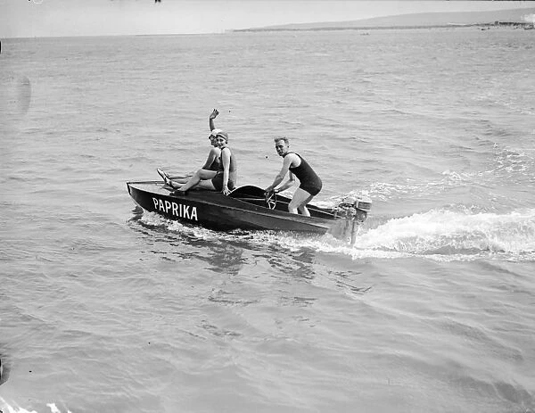 Speedboat. July 1929: An outboard motor boating party at Bournemouth