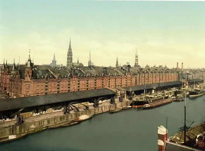 Framed Print : Speicherstadt, Warehouses with the Docks, Hamburg, c. 1890, Germany, Historic, digitally restored reproduction from a 19th century original Framed Print : Speicherstadt, Warehouses with the Docks, Hamburg, c. 1890, Germany, Historic, digitally restored reproduction from a 19th century original