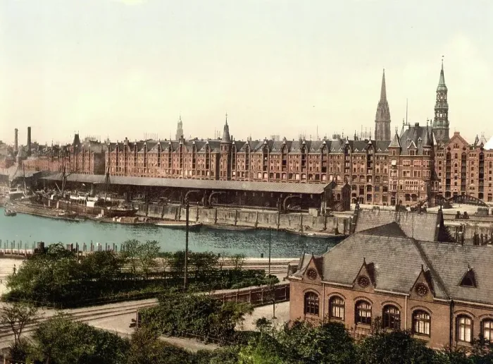 Framed Print : Speicherstadt, Warehouses with the Docks, Hamburg, c. 1890, Germany, Historic, digitally restored reproduction from a 19th century original Framed Print : Speicherstadt, Warehouses with the Docks, Hamburg, c. 1890, Germany, Historic, digitally restored reproduction from a 19th century original