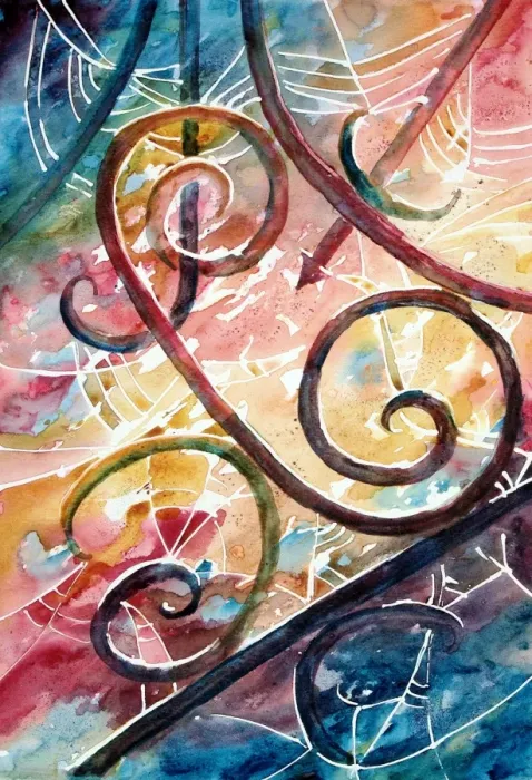 Framed Print : Spiderweb. Watercolour painting of a spiderweb iron gates