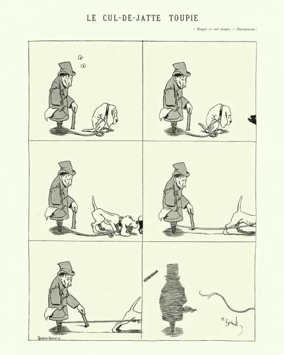 Framed Print : Spinning top man walking his dog, Vintage French cartoon