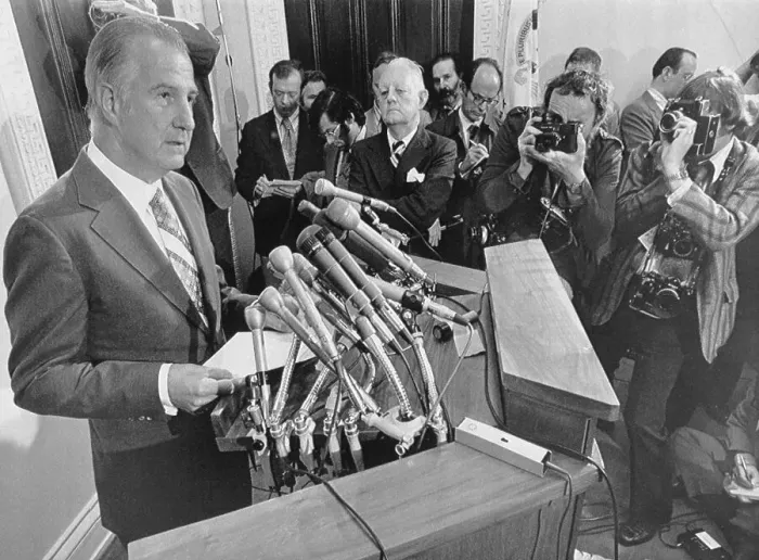 Framed Print : Spiro Agnew Speaking to Newsmen Framed Print : Spiro Agnew Speaking to Newsmen
