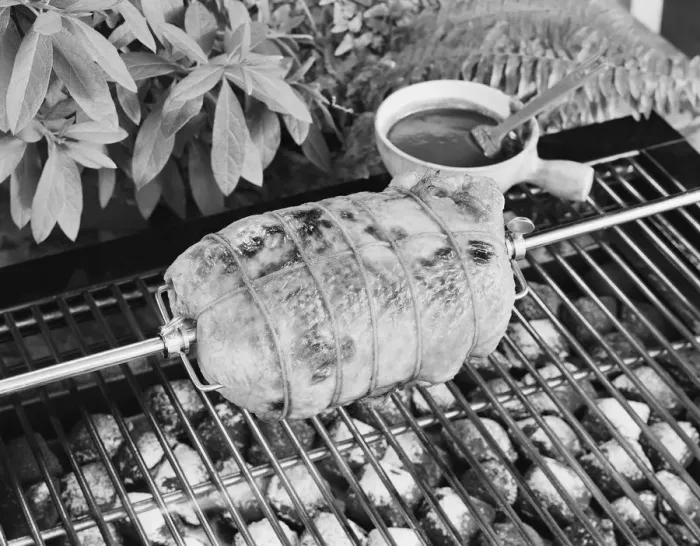 Framed Print : Spit roasting of chicken on barbecue grill Framed Print : Spit roasting of chicken on barbecue grill