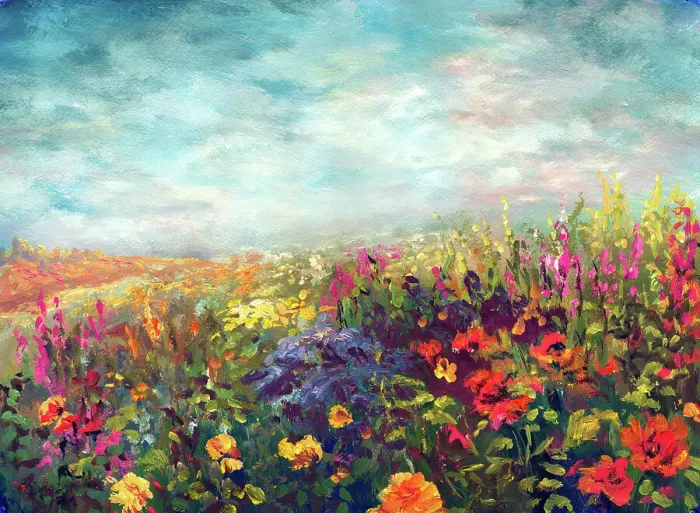 Framed Print : Spring flowering meadow, painting in the style of impressionism Framed Print : Spring flowering meadow, painting in the style of impressionism