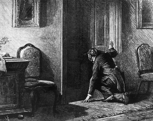I Spy. A spy peering through a keyhole, circa 1860
