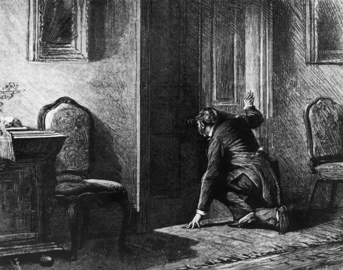 Framed Print : I Spy. A spy peering through a keyhole, circa 1860 Framed Print : I Spy. A spy peering through a keyhole, circa 1860
