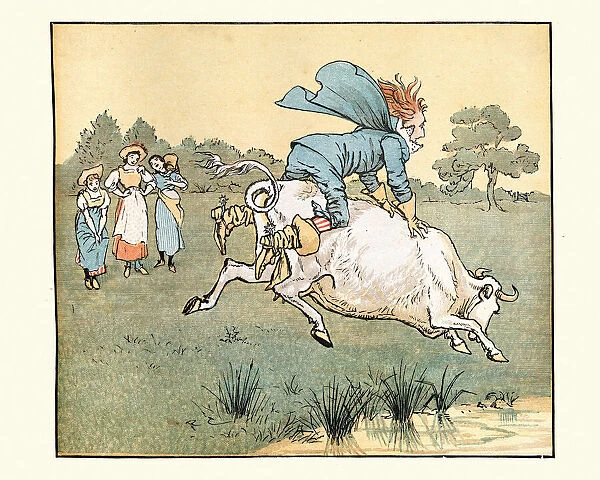 Squire riding the cow, while the milkmaids laugh at him