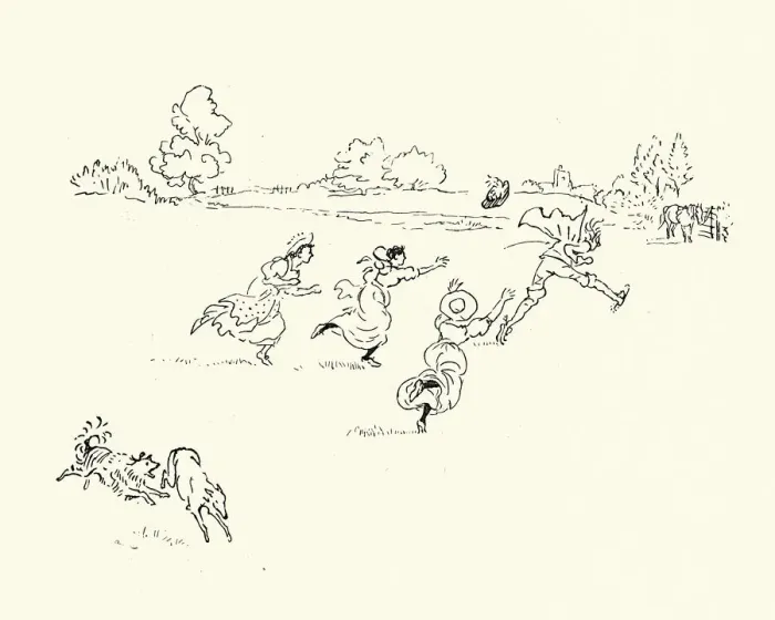 Framed Print : The squire running away from the milkmaids, Nursery Rhyme Framed Print : The squire running away from the milkmaids, Nursery Rhyme