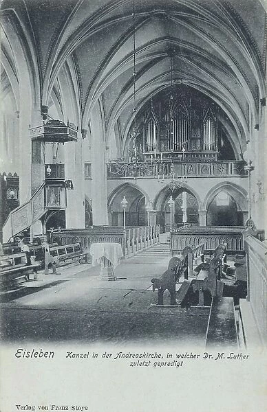 St. Andrew's Church, pulpit, Eisleben, Mansfeld-Suedharz county, Saxony-Anhalt, Germany, view from around 1910, digital reproduction of a historical postcard, from that time, exact date unknown
