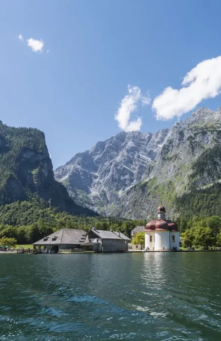 Framed Print : St. Bartholomae in Konigssee in front of the Watzmann, Berchtesgaden National Park, Berchtesgadener Land district, Upper Bavaria, Bavaria, Germany