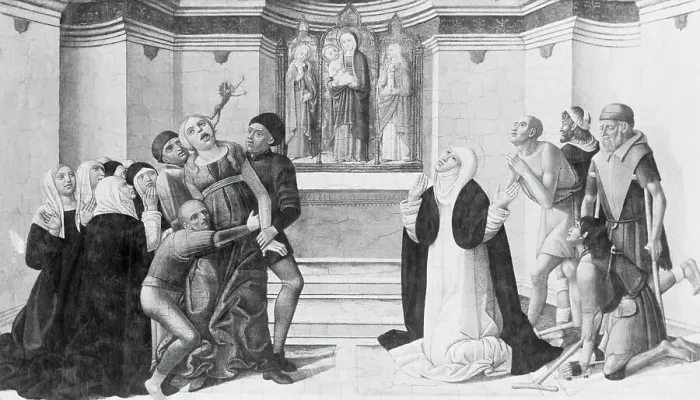 Framed Print : St. Catherine of Siena Exorcising a Possessed Woman by Girolamo di Benvenuto Framed Print : St. Catherine of Siena Exorcising a Possessed Woman by Girolamo di Benvenuto