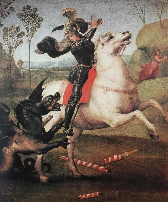 Framed Print : St. George Fighting the Dragon, by Raffaello Sanzio da Urbino, also Raphael da Urbino, Raffaello Santi, Raffaello Sanzio, Raphael, Italian painter, Italy, digitally restored reproduction of a work of art (public domain) from c. 1500 Framed Print : St. George Fighting the Dragon, by Raffaello Sanzio da Urbino, also Raphael da Urbino, Raffaello Santi, Raffaello Sanzio, Raphael, Italian painter, Italy, digitally restored reproduction of a work of art (public domain) from c. 1500