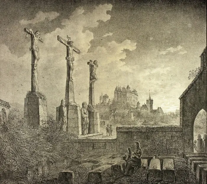 Framed Print : St. John's Cemetery with Crucifixion Group and View to the Castle, 1819, Nuremberg, Bavaria, Germany, Historical, digitally restored reproduction from a 19th century original