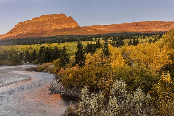 St. Mary River and Singleshot Mountain in autumn in Glacier National Park, Montana, USA