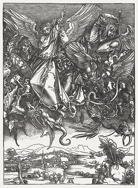 St Michael Fighting the Dragon, wood engraving, by Albrecht Durer