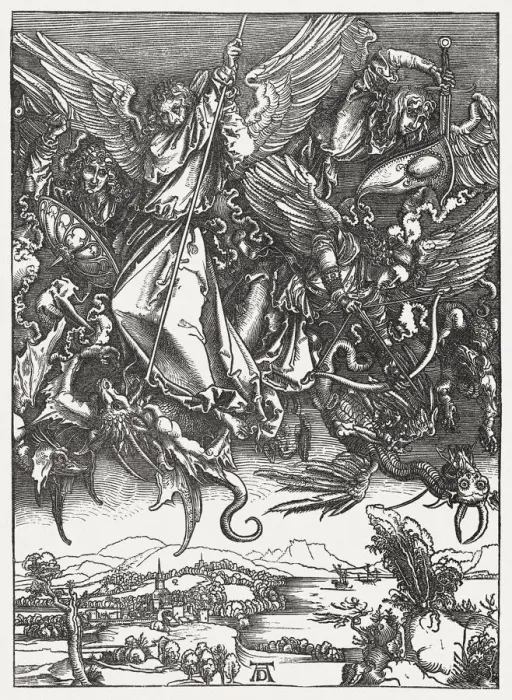 Framed Print : St Michael Fighting the Dragon, wood engraving, by Albrecht Durer Framed Print : St Michael Fighting the Dragon, wood engraving, by Albrecht Durer