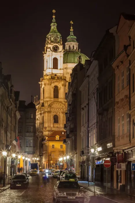 Framed Print : St. Nicolas church at night Prague