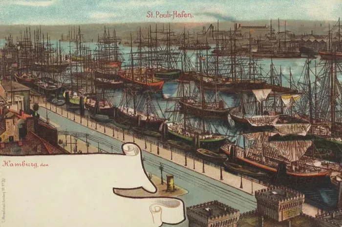 Framed Print : St. Pauli, Harbour, Hamburg, Germany, postcard with text, view around ca 1910, historical, digital reproduction of a historical postcard, public domain, from that time, exact date unknown