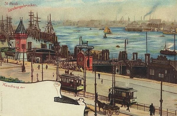 St. Pauli, Landungsbruecken, Hamburg, Germany, postcard with text, view around ca 1910, historical, digital reproduction of a historical postcard, public domain, from that time, exact date unknown