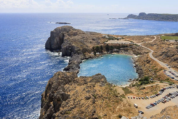 St Pauls Bay seen from Dorian Acropolis of Lindos from about 10th Century BC, Rhodes, Greece