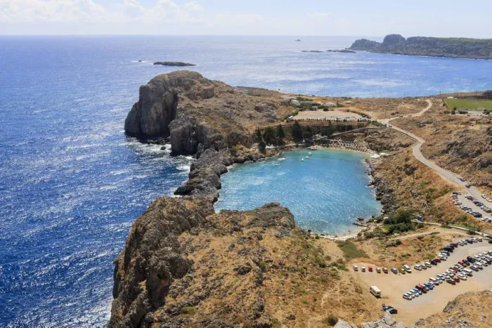 Framed Print : St Pauls Bay seen from Dorian Acropolis of Lindos from about 10th Century BC, Rhodes, Greece