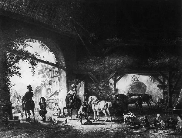 The Stable. Horses in a stable, by Dutch painter Philip Wouwerman, circa 1650
