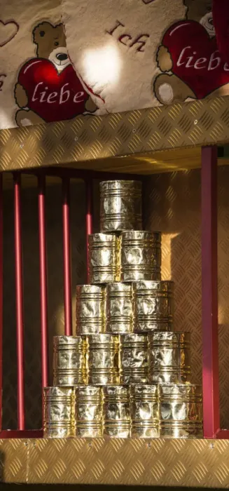 Framed Print : Stacked cans for throwing at, Oktoberfest, Theresienwiese, Munich, Upper Bavaria, Bavaria, Germany Framed Print : Stacked cans for throwing at, Oktoberfest, Theresienwiese, Munich, Upper Bavaria, Bavaria, Germany