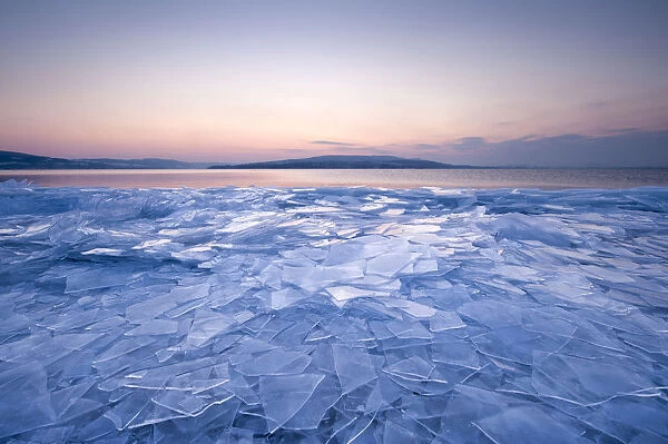 Stacked sheets of ice on the shore of the island of Reichenau, Lake Constance, Konstanz district, Baden-Wuerttemberg, Germany, Europe