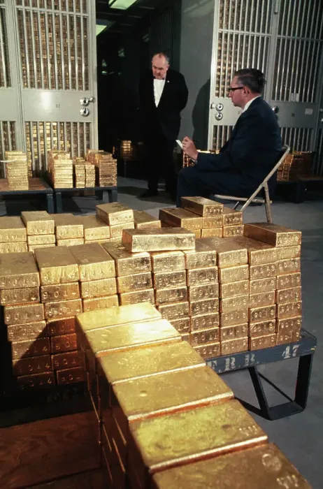 Framed Print : Stacks of Gold Being Guarded by Workers Framed Print : Stacks of Gold Being Guarded by Workers