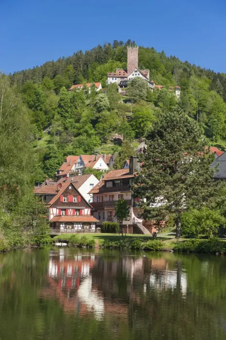 Framed Print : Stadtsee lake with Burg Liebenzell Castle, Bad Liebenzell, Nordschwarzwald, Schwarzwald, Baden-Wurttemberg, Germany