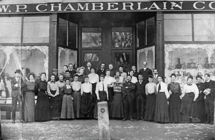 Framed Print : Staff Posing Outside WP Chamberlain Company's Store Framed Print : Staff Posing Outside WP Chamberlain Company's Store