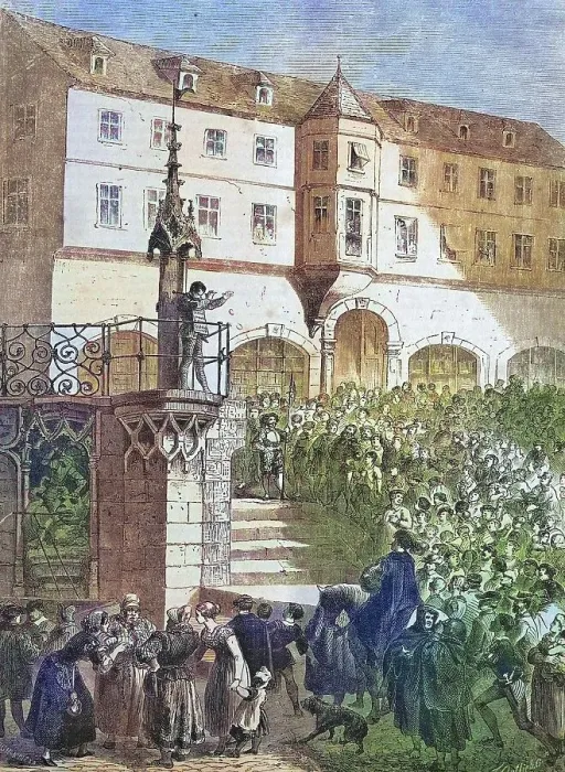 Framed Print : Stage, Schwaebisch Hall, Baden-Wuerttemberg, Germany, historical engraving, 1869, Historic, digitally restored reproduction from a 19th century original, coloured, exact date unknown Framed Print : Stage, Schwaebisch Hall, Baden-Wuerttemberg, Germany, historical engraving, 1869, Historic, digitally restored reproduction from a 19th century original, coloured, exact date unknown