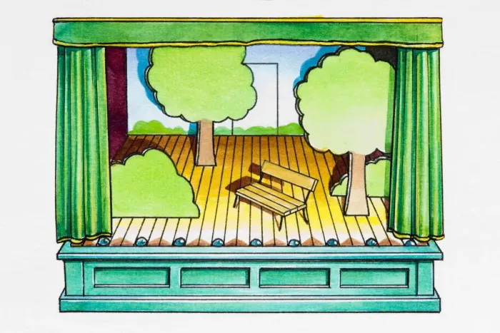 Framed Print : Stage set showing trees and empty bench Framed Print : Stage set showing trees and empty bench
