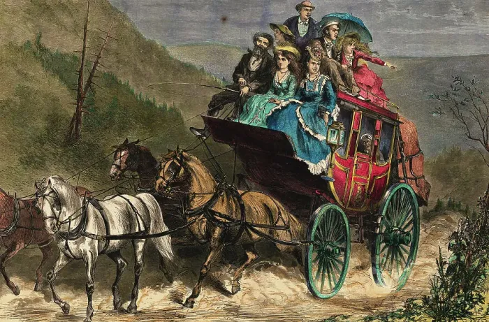 Framed Print : Stagecoach Travelers in Mountain Area Framed Print : Stagecoach Travelers in Mountain Area