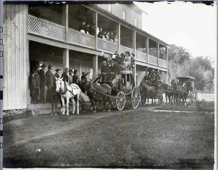 Framed Print : Stagecoaches Transport People Outside a Hotel Framed Print : Stagecoaches Transport People Outside a Hotel