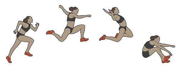 Four stages of athlete performing hang technique long jump