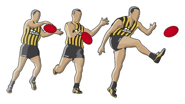 Three stages of Australian football player kicking ball, drop punting