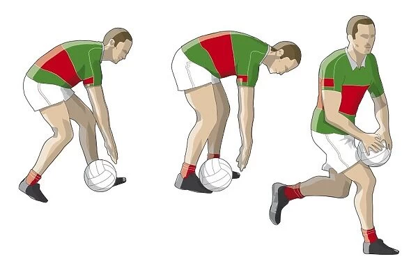 Three stages of Gaelic football player performing crouch lift, supporting ball with one foot, using other foot to lift ball, pulling it up to his body with cupped hands