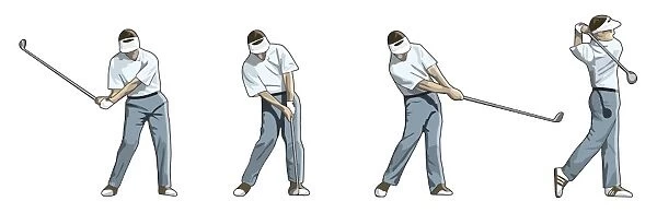 Four stages of golfer performing downswing and impact
