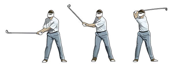 Three stages of golfer swinging golf club, takeaway