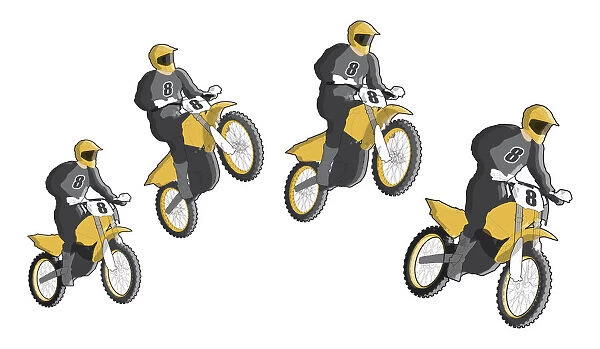 Four stages of motocross rider jumping and landing