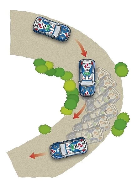 Stages of racing car going around curve