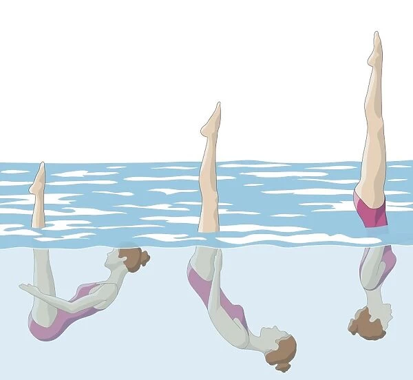 Three stages of swimmer performing barracuda, bringing legs in straight-up position