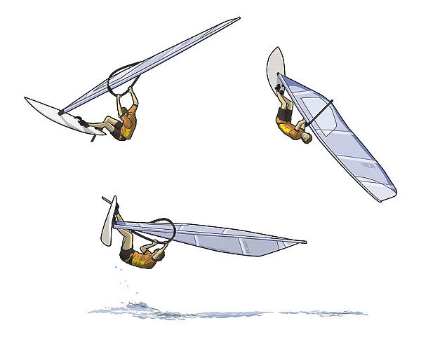 Three stages of wind surfer performing back loop