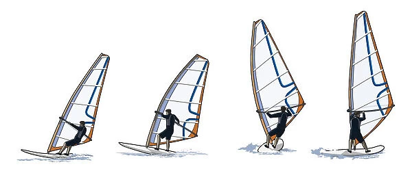 Four stages of windsurfer performing turning manoeuvre
