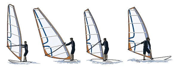Four stages of windsurfer performing turning manoeuvre