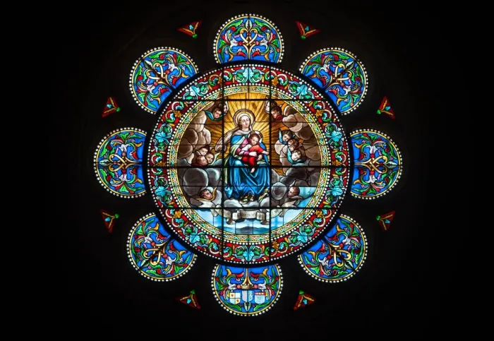 Framed Print : Stained Glass Rose Window featuring the Virgin Mary and her son Jesus Christ in Framed Print : Stained Glass Rose Window featuring the Virgin Mary and her son Jesus Christ in