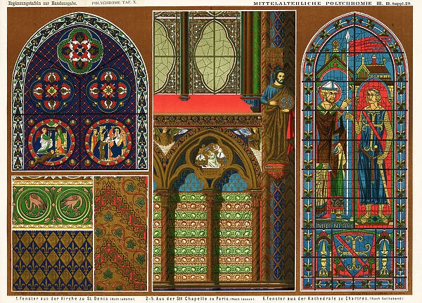 stained glass windows in Basilica of St. Denis, Sainte-Chapelle and Cathedral of Chartres
