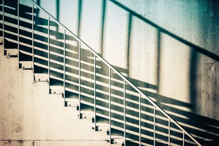 Framed Print : Staircase and its descending shadow along an oil tank, Saint-Pierre-des-Corps, France Framed Print : Staircase and its descending shadow along an oil tank, Saint-Pierre-des-Corps, France