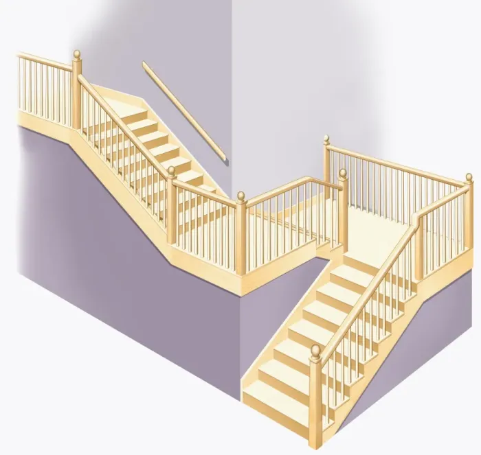 Framed Print : Staircase with landing and wooden railings